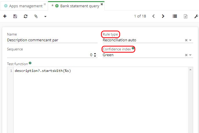 1.8. The bank statement query form. When you select Auto Reconciliation as the rule type, you can define the confidence index.